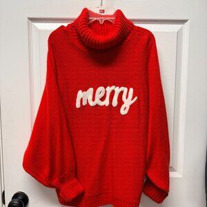 Red Holiday Sweater – “Merry” in White | Women’s Cowl Neck Christmas Sweater
